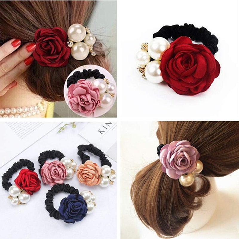 LOVEF 4Pcs Korean Fashion Pearl Hair Rope Rose Flower Rhinestone Hair Ties/ Jewelry Rubber Band - Image 5